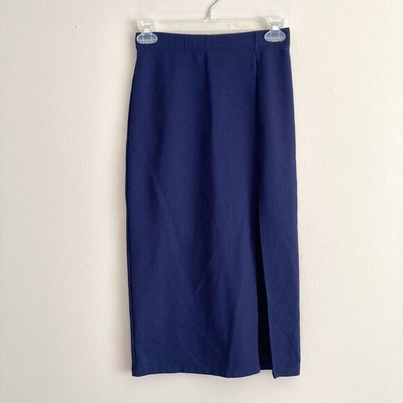 Babaton Aritzia Womens Size 2 Navy Blue Pencil Midi Skirt High Front Slit - Picture 1 of 11